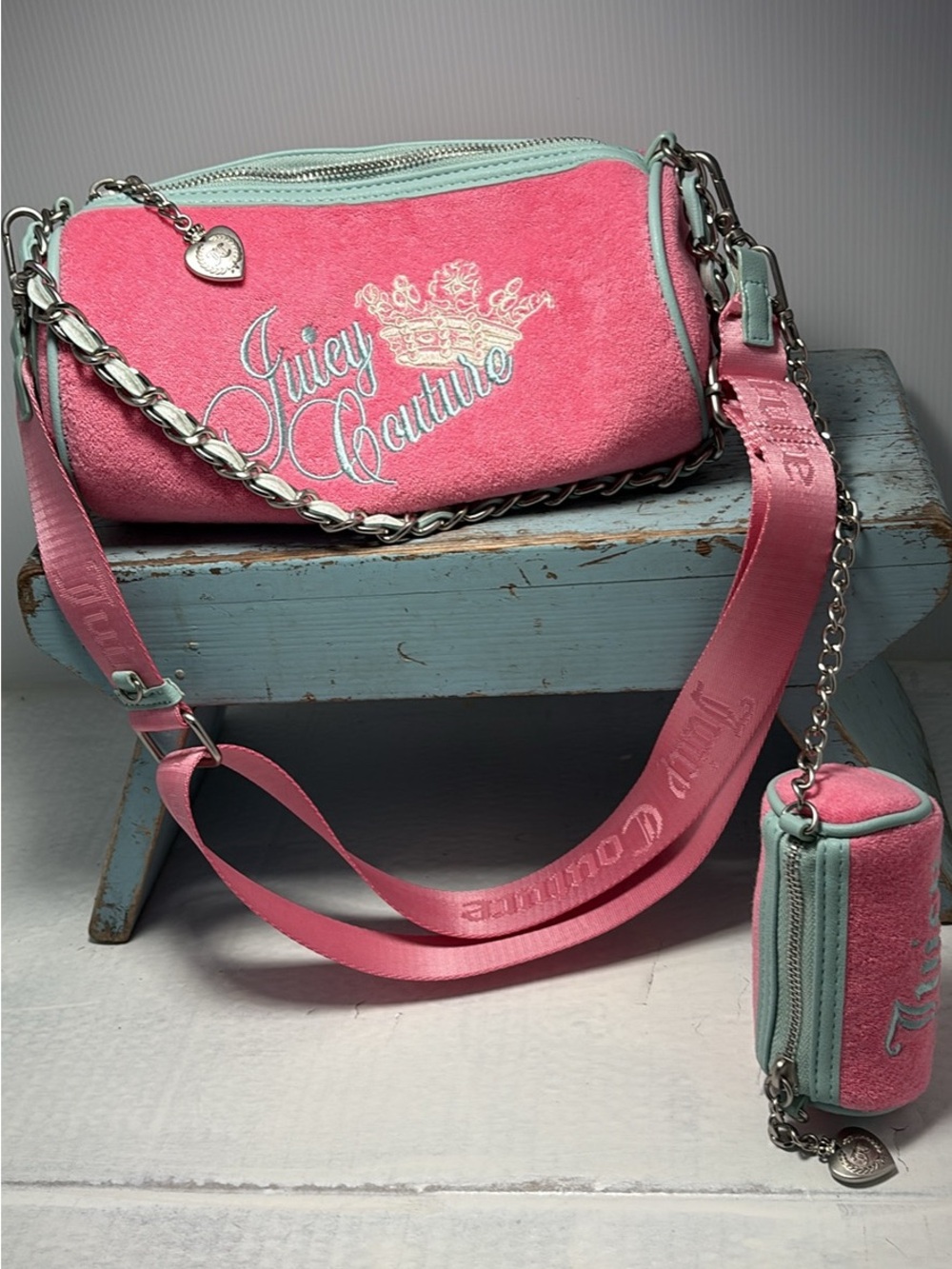 Juicy Couture Pink Suede Crossbody with Mint Trim
